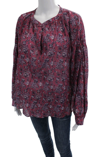 Xirena Women Purple Floral V-Neck Tunic Blouse Tie Silk Long Sleeve Size M