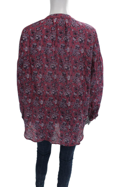 Xirena Women Purple Floral V-Neck Tunic Blouse Tie Silk Long Sleeve Size M