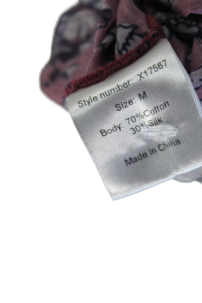 Xirena Women Purple Floral V-Neck Tunic Blouse Tie Silk Long Sleeve Size M