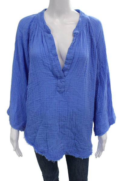 9 Seed Women Tunic V-Neck Long Sleeve Blue 100% Cotton Size M