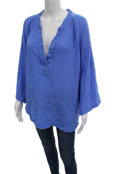 9 Seed Women Tunic V-Neck Long Sleeve Blue 100% Cotton Size M