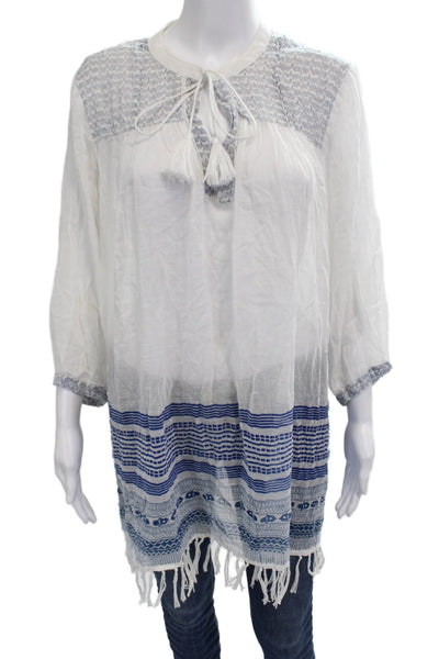 Roller Rabbit Women Kaftan Blouse White Cotton Geometric 3/4 Sleeve Boho Size L
