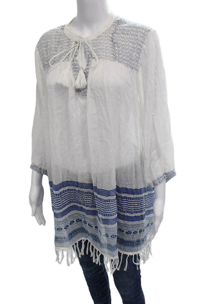 Roller Rabbit Women Kaftan Blouse White Cotton Geometric 3/4 Sleeve Boho Size L