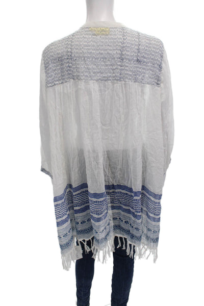 Roller Rabbit Women Kaftan Blouse White Cotton Geometric 3/4 Sleeve Boho Size L