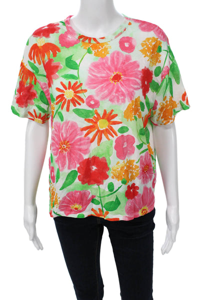 Zara Women Green Floral Jersey T-Shirt Cotton Crew Neck Size M