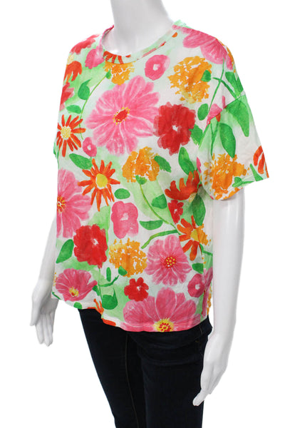 Zara Women Green Floral Jersey T-Shirt Cotton Crew Neck Size M