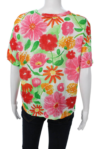 Zara Women Green Floral Jersey T-Shirt Cotton Crew Neck Size M