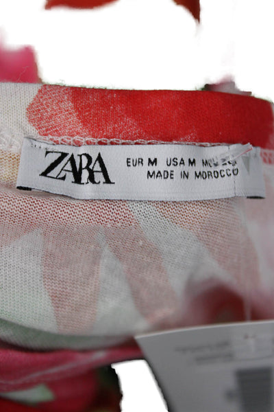Zara Women Green Floral Jersey T-Shirt Cotton Crew Neck Size M