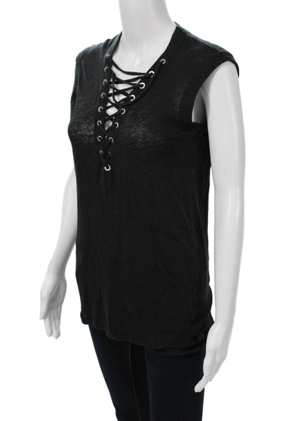IRO Women Black Linen Lace-Up Gothic Sleeveless Tank Size XS