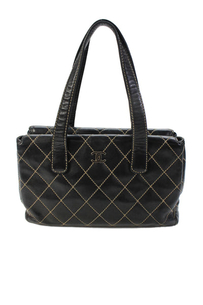 Chanel Womens Leather Quilted Texture Logo Front Shoulder Handbag Black