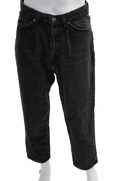 Designer Mens Cropped Straight Jeans Black Cotton Blend Button Fly Size 33