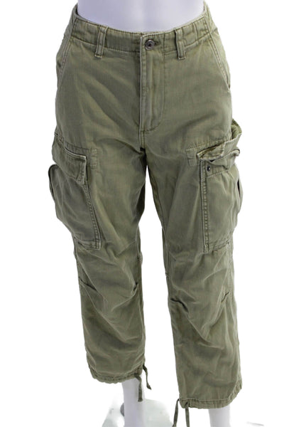 Zara Unisex Cropped Cargo Pants Green 100% Cotton Button Size 2