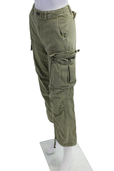 Zara Unisex Cropped Cargo Pants Green 100% Cotton Button Size 2