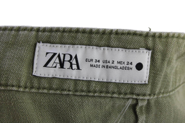 Zara Unisex Cropped Cargo Pants Green 100% Cotton Button Size 2