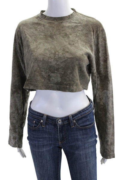 Cotton Citizen Women Cropped T-Shirt Green Crew Neck Button Long Sleeve Size XS