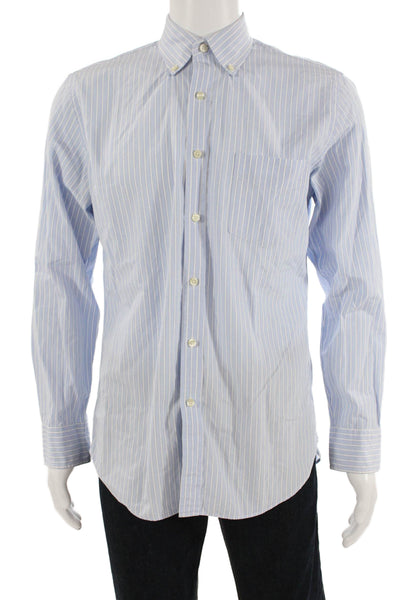 J Crew Mens Button Front Collared Striped Shirt White Blue Cotton Size 15-15.5