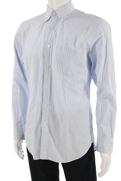 J Crew Mens Button Front Collared Striped Shirt White Blue Cotton Size 15-15.5