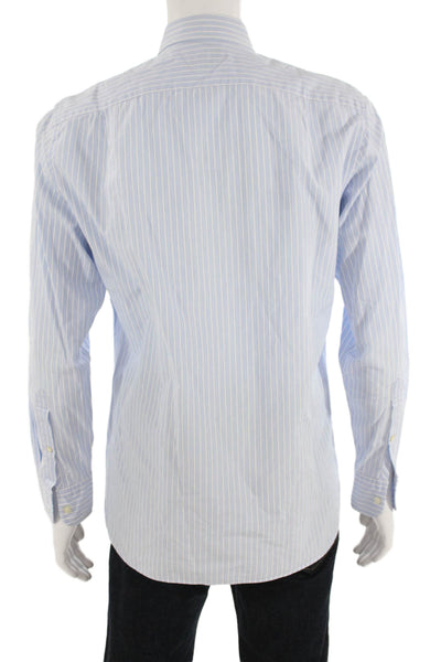 J Crew Mens Button Front Collared Striped Shirt White Blue Cotton Size 15-15.5