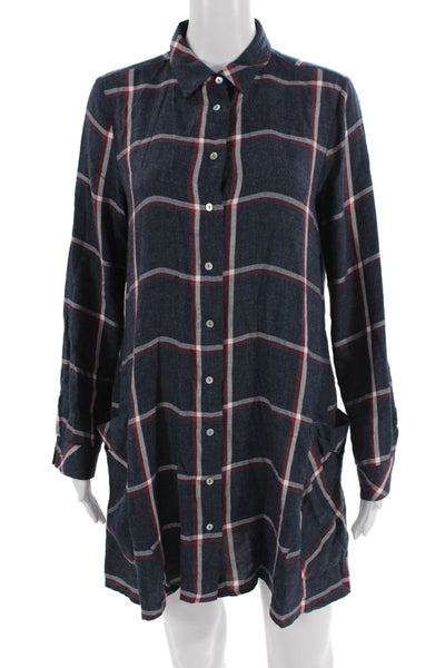 Zara Women Dark Blue Plaid Tunic Button-Up Collared Long Sleeve Size S