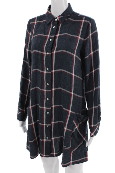 Zara Women Dark Blue Plaid Tunic Button-Up Collared Long Sleeve Size S