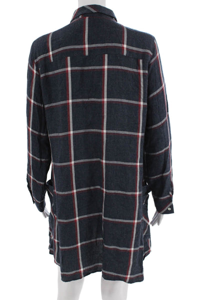 Zara Women Dark Blue Plaid Tunic Button-Up Collared Long Sleeve Size S