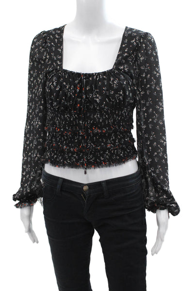Free People Women Cropped Floral Blouse Black Square Neck Long Sleeve Size S