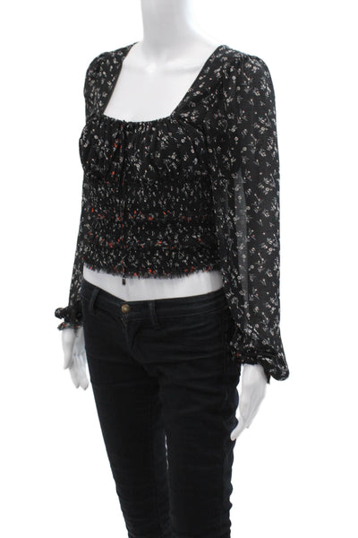 Free People Women Cropped Floral Blouse Black Square Neck Long Sleeve Size S