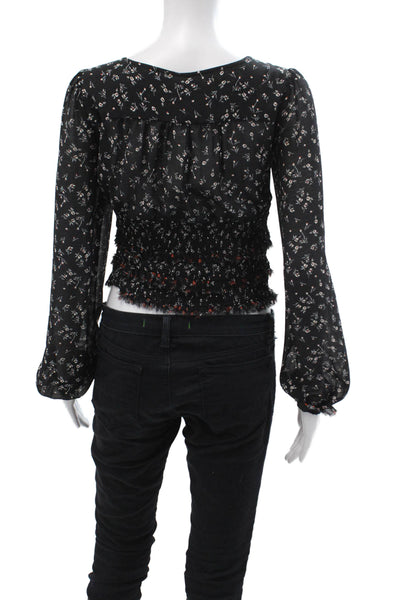 Free People Women Cropped Floral Blouse Black Square Neck Long Sleeve Size S