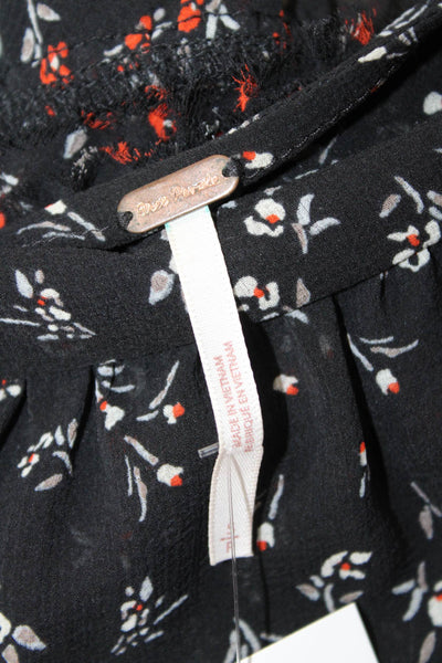 Free People Women Cropped Floral Blouse Black Square Neck Long Sleeve Size S