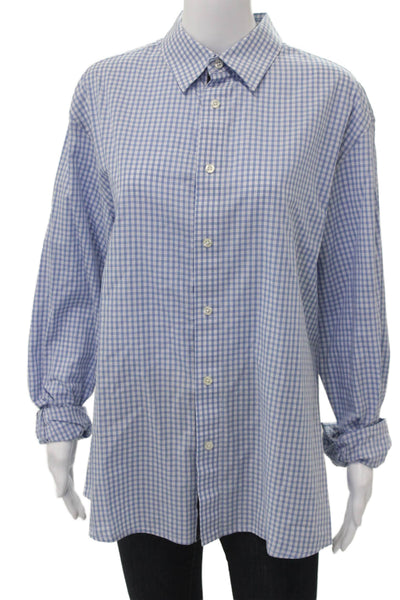 Elie Tahari Women Blue Check Cotton Collared Long Sleeve Button-Up Top Size L