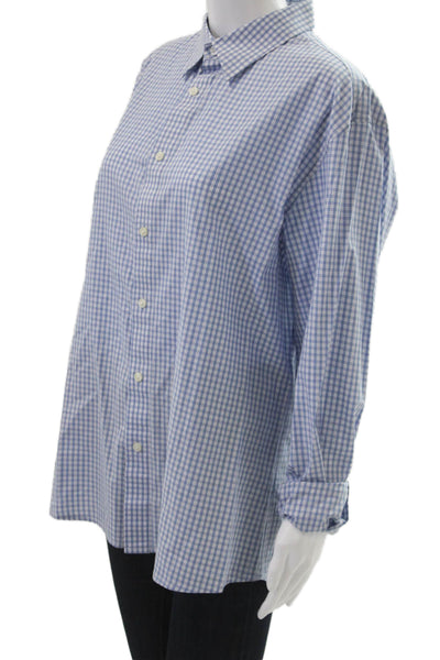 Elie Tahari Women Blue Check Cotton Collared Long Sleeve Button-Up Top Size L