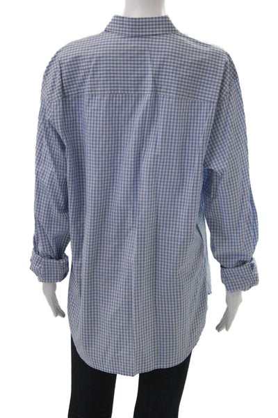 Elie Tahari Women Blue Check Cotton Collared Long Sleeve Button-Up Top Size L