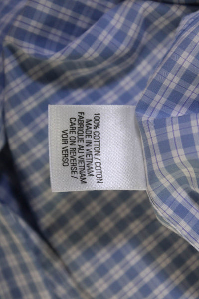 Elie Tahari Women Blue Check Cotton Collared Long Sleeve Button-Up Top Size L