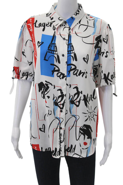 Karl Lagerfeld Women Black Graphic Button-Up Blouse Short-Sleeve Size M