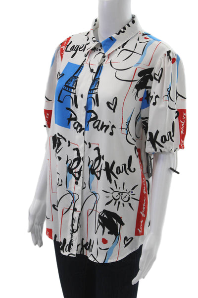 Karl Lagerfeld Women Black Graphic Button-Up Blouse Short-Sleeve Size M