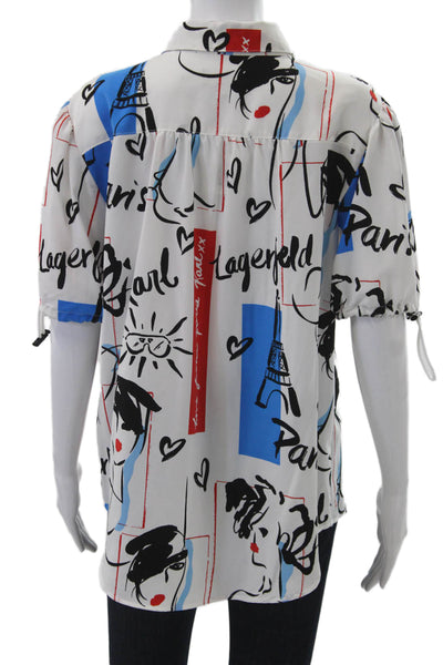 Karl Lagerfeld Women Black Graphic Button-Up Blouse Short-Sleeve Size M
