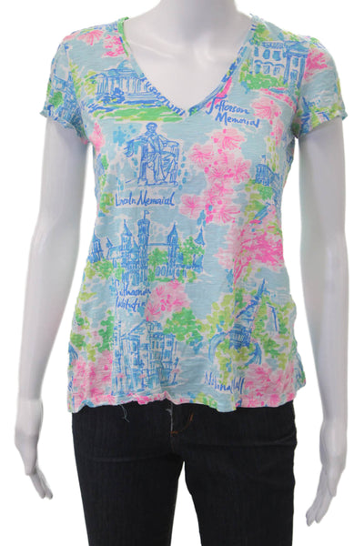 Lily Pulitzer Women V-Neck Graphic Cotton T-Shirt Blue Short Sleeve Size XS