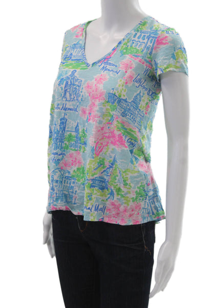 Lily Pulitzer Women V-Neck Graphic Cotton T-Shirt Blue Short Sleeve Size XS