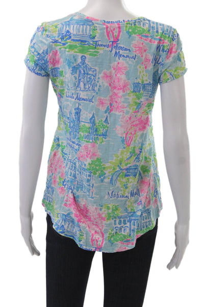 Lily Pulitzer Women V-Neck Graphic Cotton T-Shirt Blue Short Sleeve Size XS