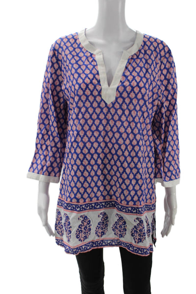 J Crew Women Bohemian Paisley V-Neck Tunic Blouse Blue 3/4 Sleeve Cotton Size L