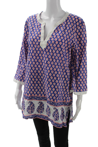 J Crew Women Bohemian Paisley V-Neck Tunic Blouse Blue 3/4 Sleeve Cotton Size L