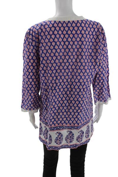 J Crew Women Bohemian Paisley V-Neck Tunic Blouse Blue 3/4 Sleeve Cotton Size L