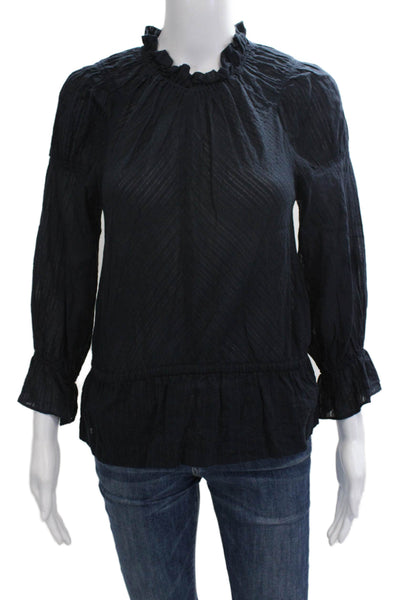 Derek Lam Women Dark Blue High Neck Cotton Blouse 3/4 Sleeve Petite Size S