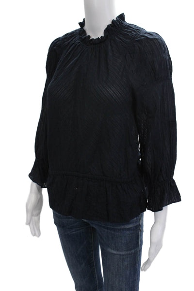 Derek Lam Women Dark Blue High Neck Cotton Blouse 3/4 Sleeve Petite Size S