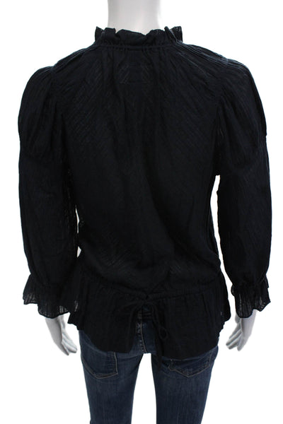 Derek Lam Women Dark Blue High Neck Cotton Blouse 3/4 Sleeve Petite Size S