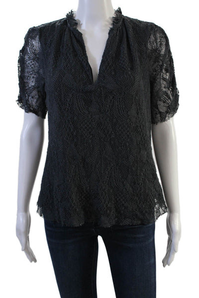 Lavender Brown Women Black V-Neck Short Sleeve Gothic Blouse Size S