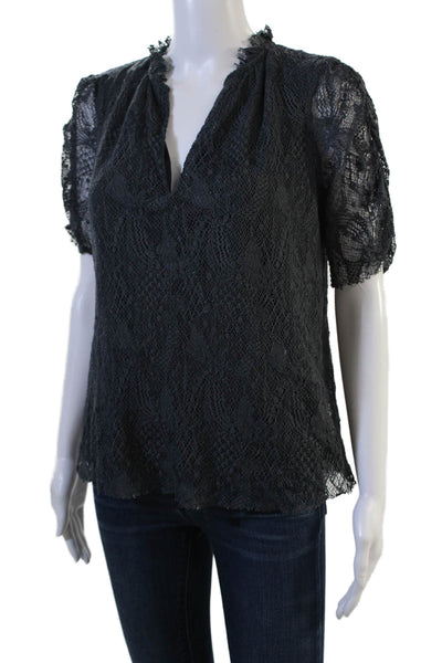 Lavender Brown Women Black V-Neck Short Sleeve Gothic Blouse Size S
