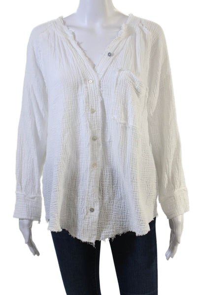 4OUR DREAMERS Women White Cotton V-Neck Long Sleeve Button-Up Top Basic Size S