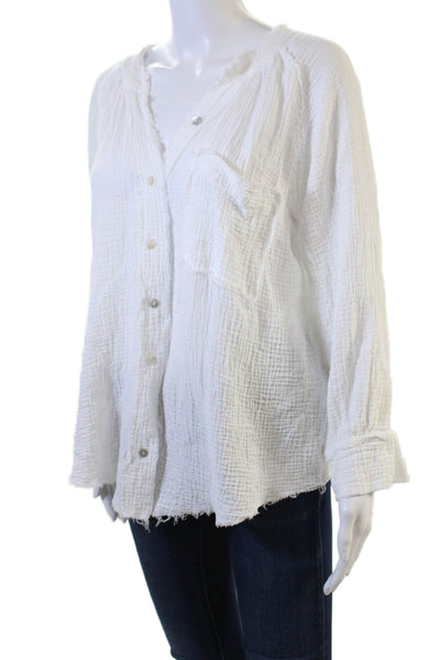 4OUR DREAMERS Women White Cotton V-Neck Long Sleeve Button-Up Top Basic Size S