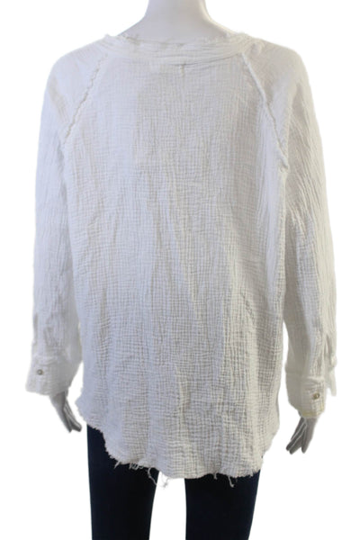4OUR DREAMERS Women White Cotton V-Neck Long Sleeve Button-Up Top Basic Size S